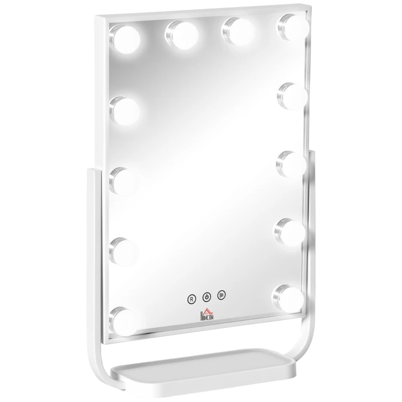 HOMCOM Espejo de Maquillaje con Luz Espejo Hollywood de Mesa con 12 LED 3 Modos y Luz Ajustable Pantalla Táctil y Función de Memoria para Dormitorio Baño 32,8x11x47,4 cm Blanco