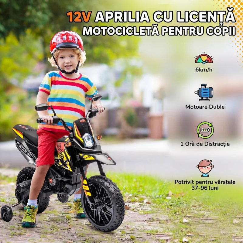 AIYAPLAY Motocicletă Electrică pentru Copii 3-8 Ani, 2 Motoare 12V, Roți Ajutătoare Detașabile, 30 kg, Galben