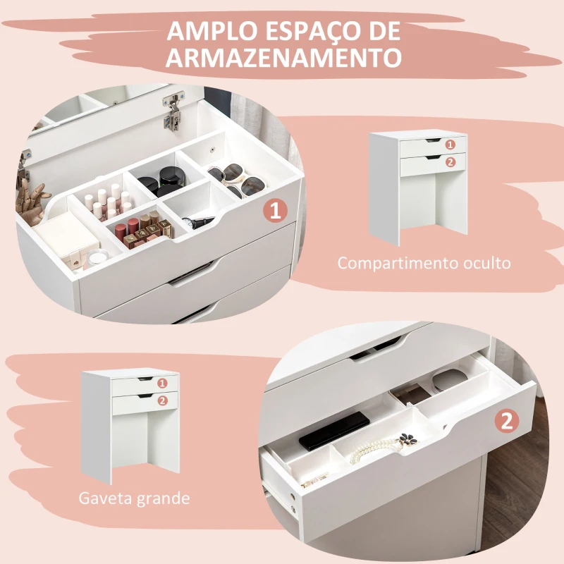 HOMCOM Toucador com Banco Oculto e Espelho Rebatível Mesa de Maquilhagem com Gaveta e 7 Compartimentos Banco Acolchoado Branco