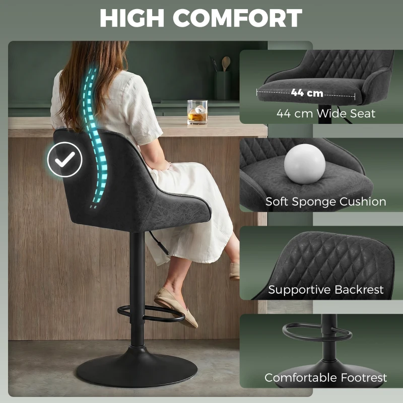 HOMCOM Bar Stools Adjustable Swivel Kitchen Chairs with Backrest Set of 2 for Kitchen Island Black
