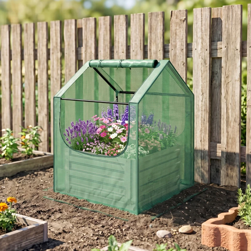 Outsunny 61 x 61cm Garden Planter Bed, with Cover - Green and Silver