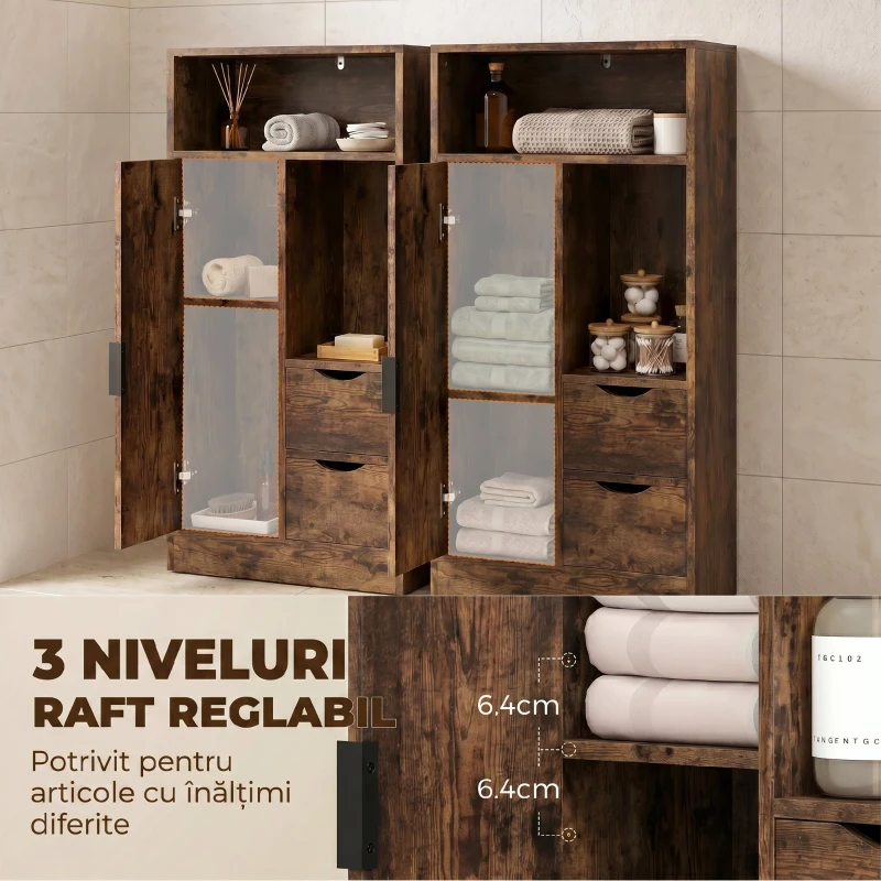 HOMCOM Dulap Baie Îngust cu 2 Sertare și Rafturi Reglabile pentru Bucătărie, Living, Hol, Maro Rustic