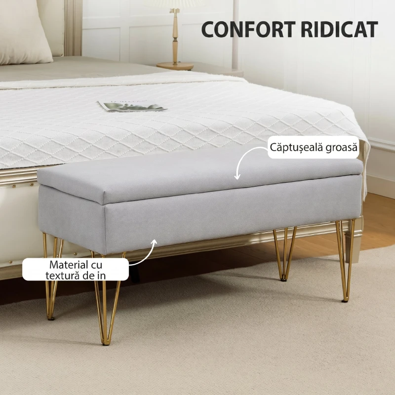 HOMCOM Bancă pentru capătul patului cu spațiu de depozitare, din material textil și picioare din oțel, 100x40x49 cm, gri deschis