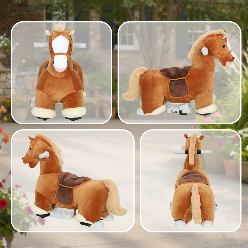 AIYAPLAY Fahrbares Reitpferd für Kinder, weicher Bezug, Batteriebetrieb, Musik, Räder, 1,5-5 Jahre, Braun