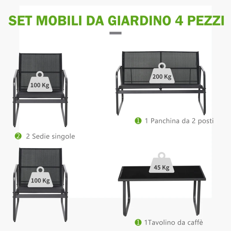 Outsunny Set Salotto da Giardino da 4 Pezzi, con Divanetto da Esterno a 2 Posti, 2 Sedie e Tavolo da Caffè in Vetro Temperato, Set di Mobili da Giardino in Metallo e Texteline, Nero