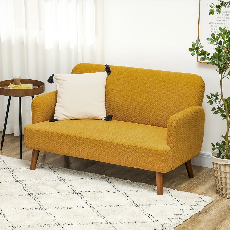 HOMCOM Velvet Feel Fabric 2 Seater Sofa, Small Sofa Loveseat with 21cm Thick Padding and Wood Legs, Yellow