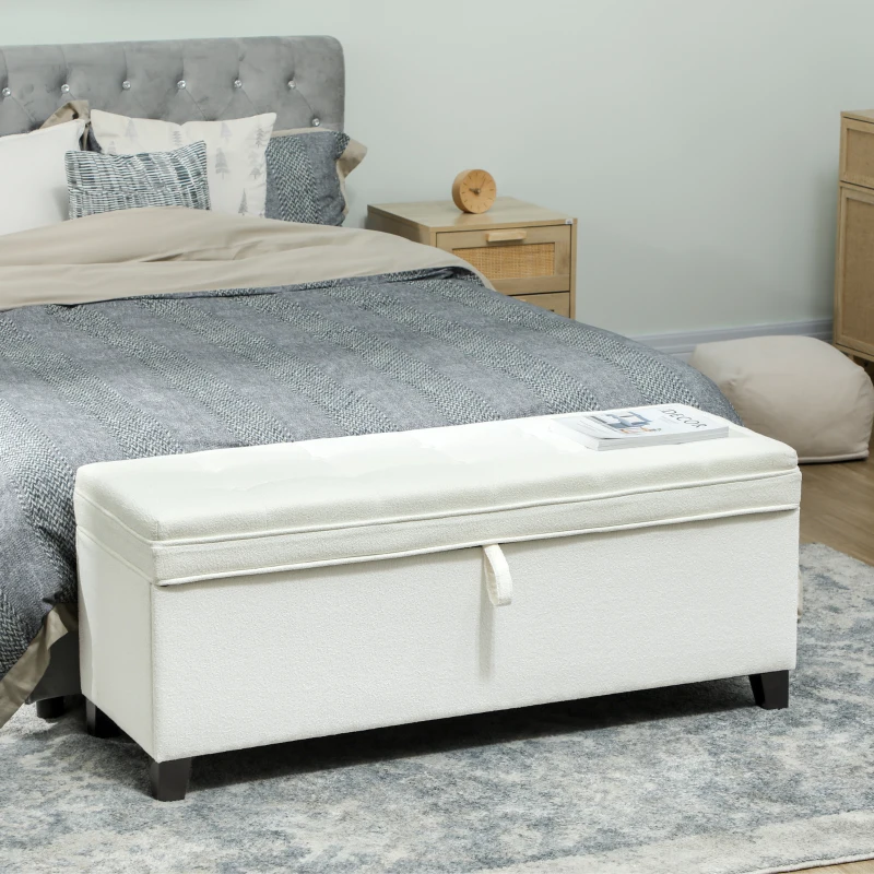 HOMCOM Banc de rangement 112L banquette bout de lit en tissu de lin, siège capitonné, 120 x 40 x 48 cm, crème