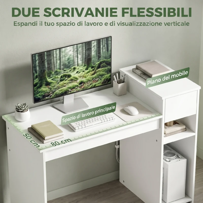 HOMCOM Scrivania per Studio e Scrittura con Cassetto e Scaffali, 108 cm, Bianco