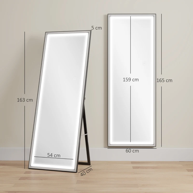 HOMCOM Espejo de Pie Cuerpo Entero con Luces 165x60 cm de Pie o de Pared 3 Temperaturas de Color Ajustables Blanco y Negro