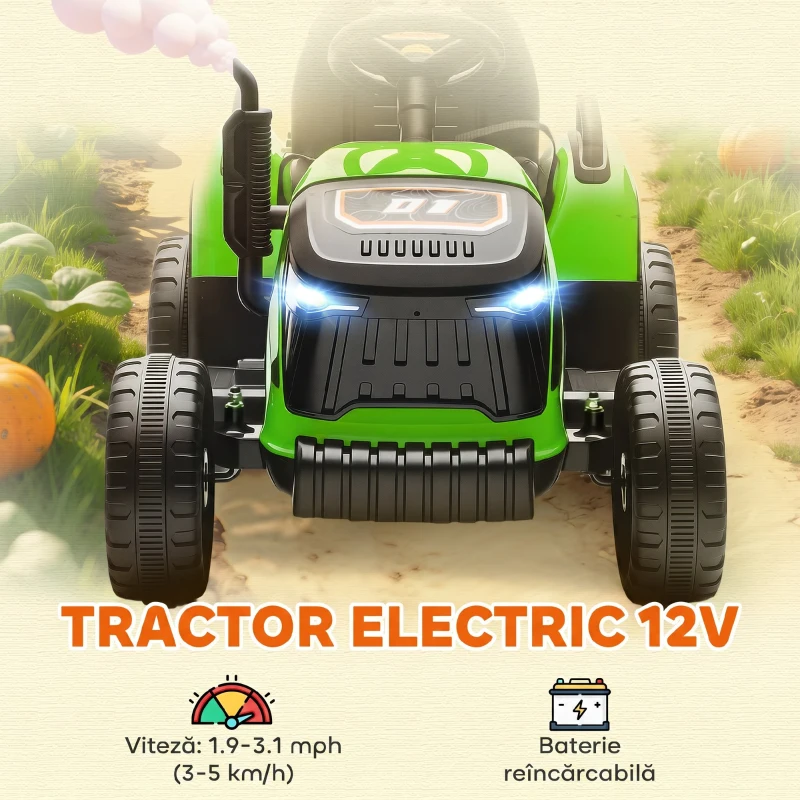 AIYAPLAY Tractor electric pentru copii cu remorcă detașabilă și telecomandă, din plastic și metal, 139x58x55 cm, verde