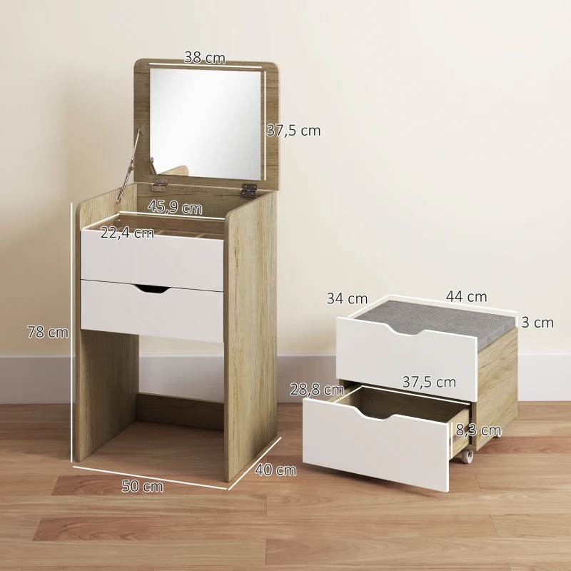HOMCOM Coiffeuse avec miroir rabattable et tabouret de rangement, table de maquillage, 2 tiroirs, siège rembourré, chêne blanc