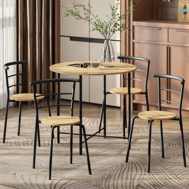 HOMCOM Set masă de dining rotundă cu 4 scaune compacte din lemn și metal, stil industrial