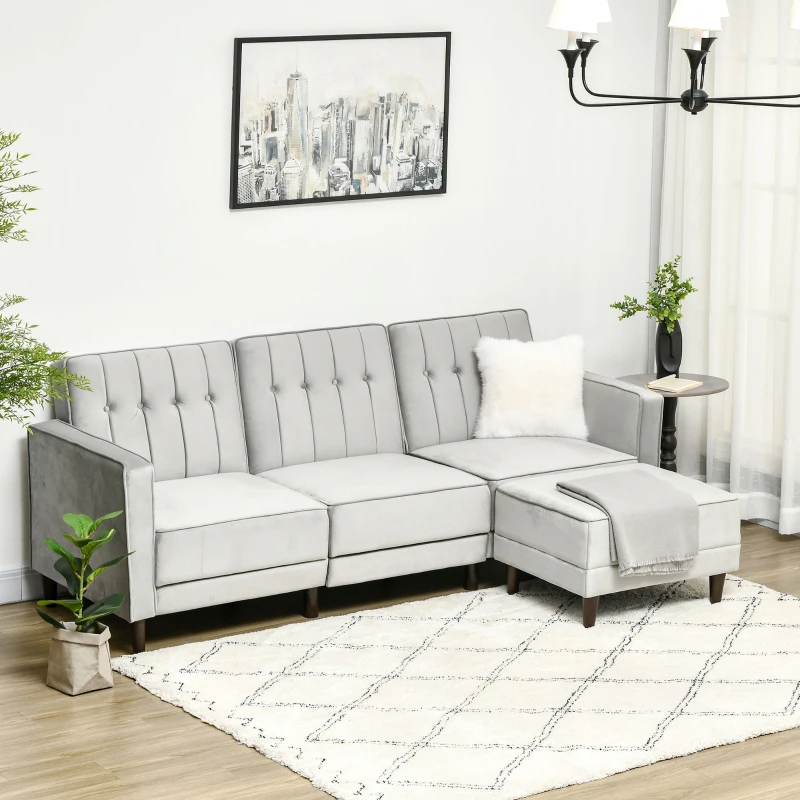 HOMCOM Divano Letto 3 Posti con Poggiapiedi e Schienale Reclinabile, Rivestimento Velluto e Seduta Imbottita, 218x85x86 cm, Grigio Chiaro