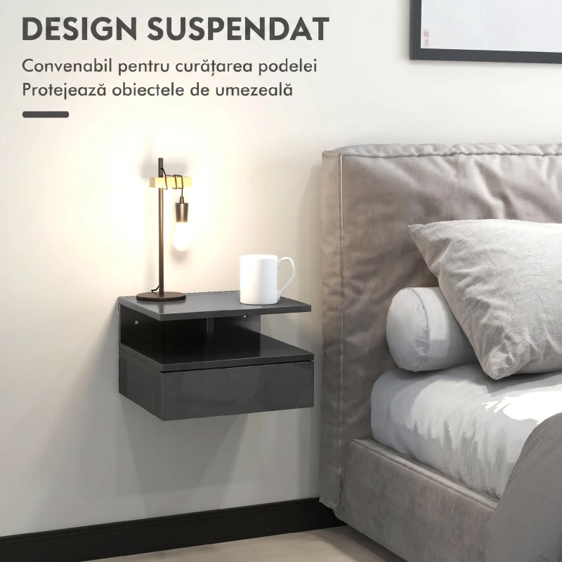HOMCOM Set de 2 noptiere moderne suspendate cu sertar și poliță din lemn, 35x32x22,5cm, negru lucios