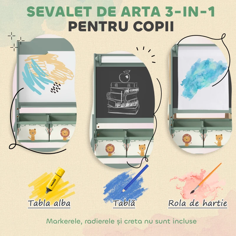 AIYAPLAY Tablă pentru Copii 3 în 1 cu Șevalet, Rolă de Hârtie și 2 Coșuri, din Lemn, 54x46x94 cm, Verde