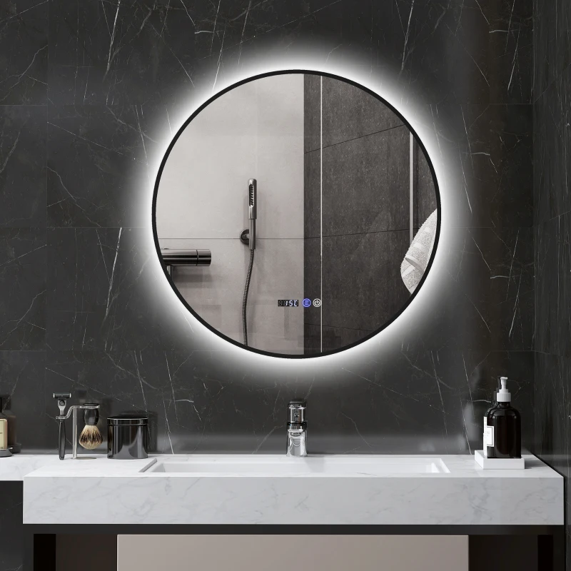 HOMCOM Oglindă de baie cu lumină LED reglabilă, antiaburire și afișaj pentru oră și temperatură, Ø70 cm, negru