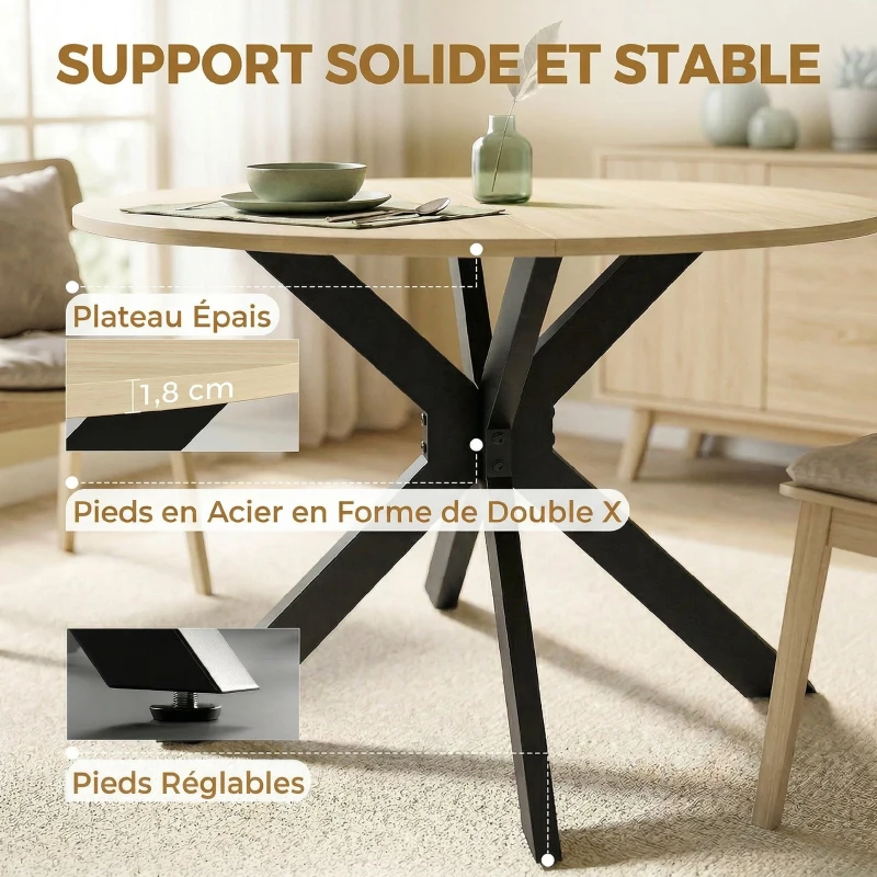 HOMCOM Table à manger pliante pour 2 à 6 personnes, table de cuisine ronde avec pieds croisés en acier, bois naturel