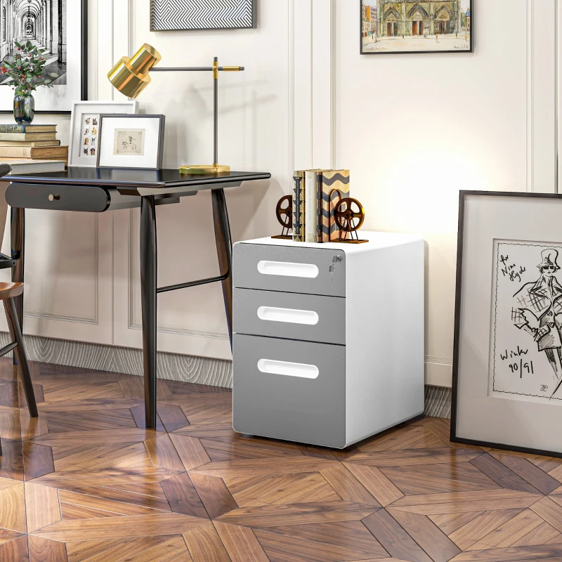 Vinsetto Cassettiera per Ufficio a 3 Cassetti con Serratura, Ruote, Portadocumenti Formato A4, Legale e Lettera, Grigio Chiaro