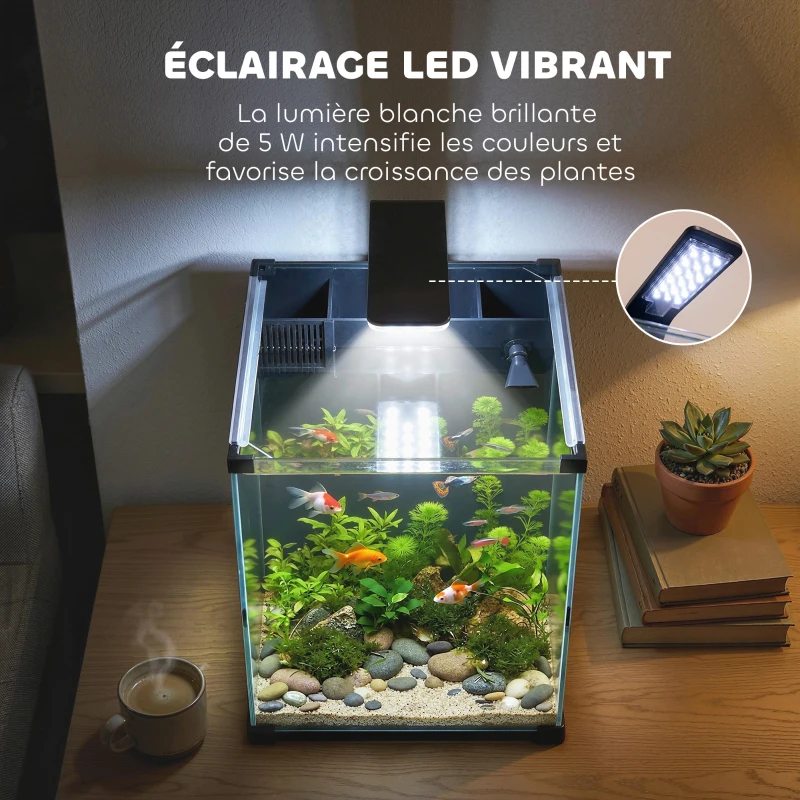 PawHut Aquarium en Verre Trempé Nano Aquarium avec Filtre Intégré Pompe 5W et Éclairage LED 30x30x45cm Noir