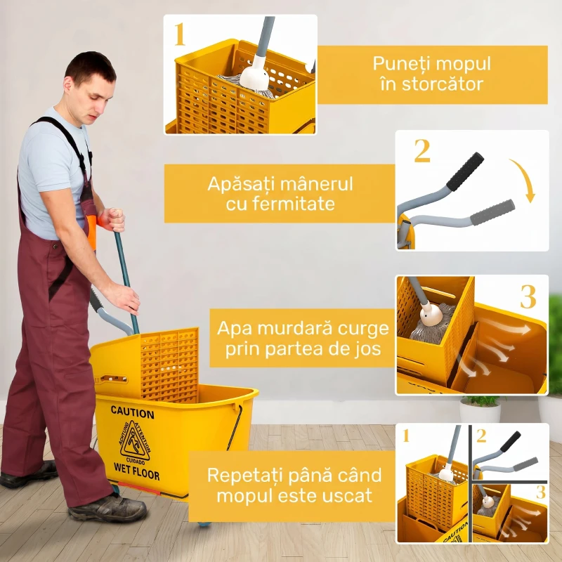 HOMCOM Găleată Profesională pentru Spălat Podele 20L cu Mop, Stoarcător, Roți și Mâner, 45x26,5x70 cm, Galben