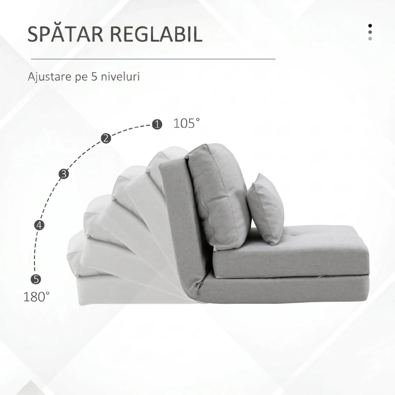 HOMCOM Fotoliu Pat 3 în 1 Convertibil în Șezlong și Canapea de Podea cu 2 Perne, Gri Deschis