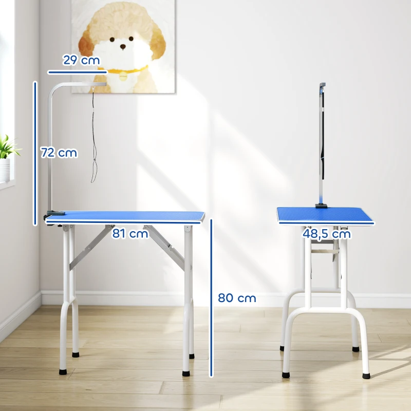 PawHut Mesa de Peluquería Canina Plegable con Encimera Antideslizante Brazo Ajustable 81x48,5x80 cm Azul