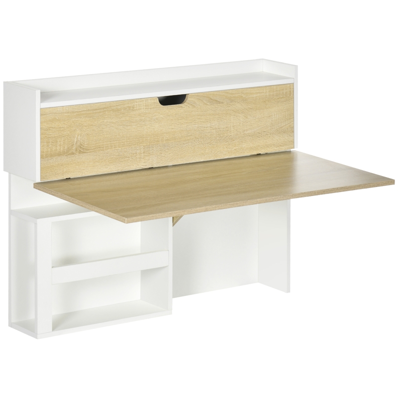 HOMCOM Bureau pliable mural avec étagères de rangement et placard, bureau rabattable, 100 x 18 x 74 cm effet bois naturel