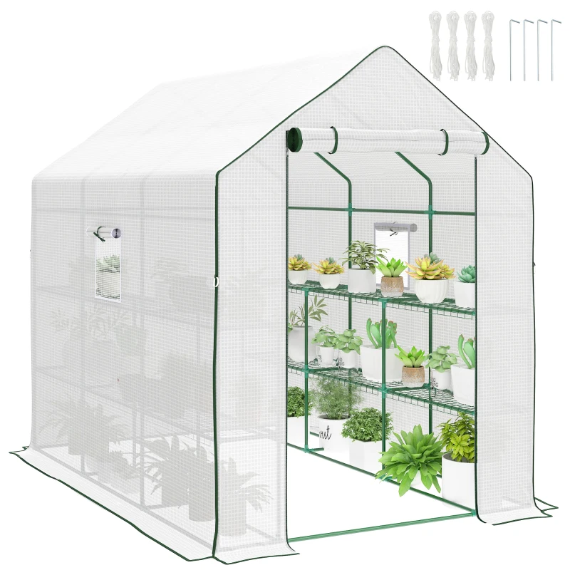 Outsunny Walk-in Greenhouse with 3 Tier Shelves, Outdoor Green House Garden Grow House with Reinforced PE Cover, Roll-up Door and Mesh Windows, 140 x 213 x 190cm, White