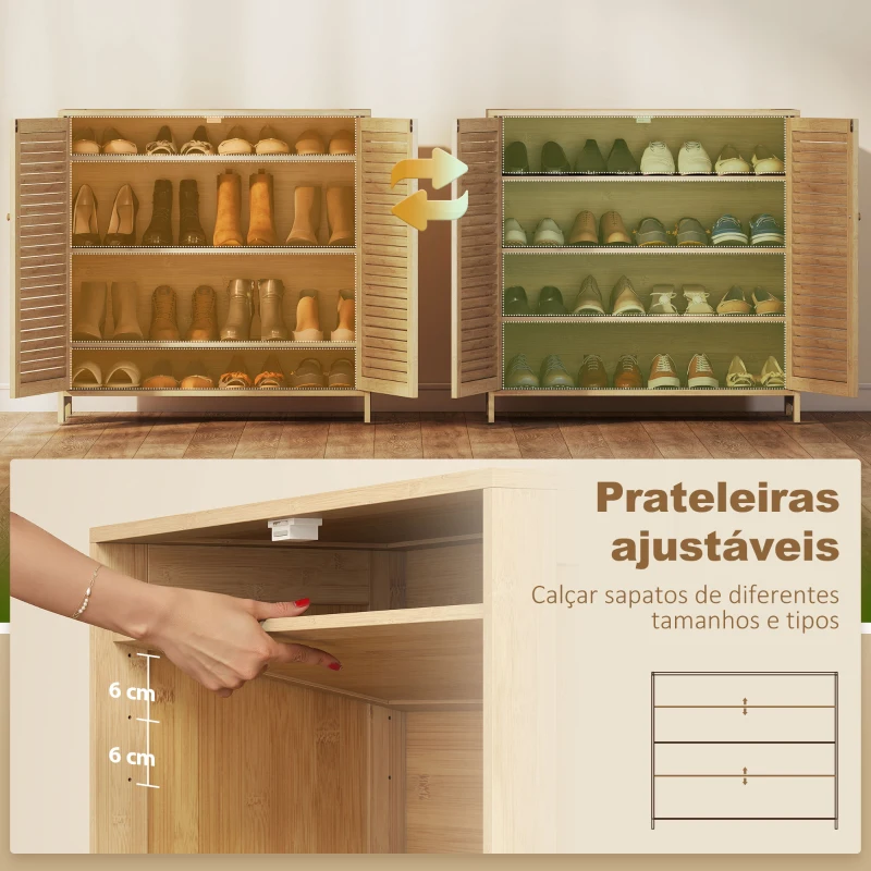 HOMCOM Armário para Sapatos de Bambu com Portas de Ripas Capacidade para 14 Pares Prateleiras Ajustáveis Madeira