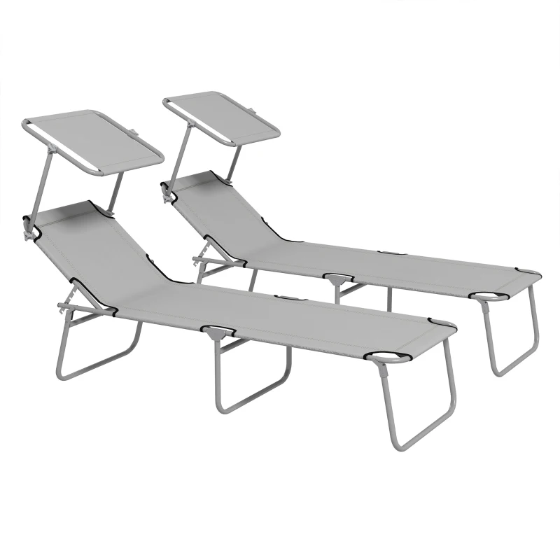Outsunny Folding Sun Lounger Set of 2 with Canopy, Reclining Sunbed with 4-Position Adjustable Backrest, 600D Oxford Cloth, Portable Garden Lounger Recliner Chair for Beach, Camping, Patio, Light Grey