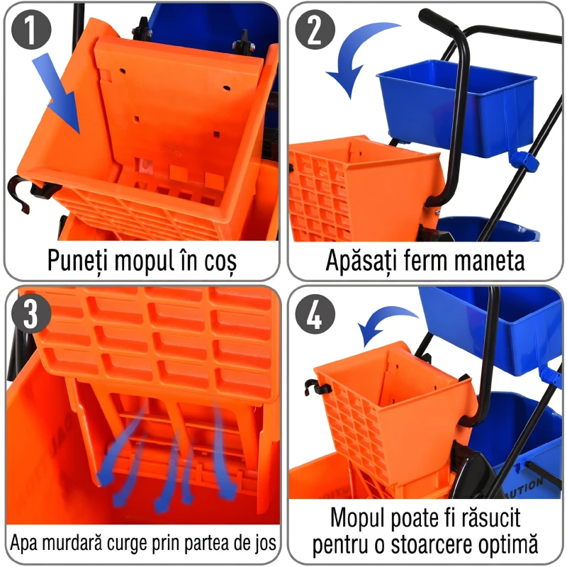 HOMCOM Cărucior Profesional de Curățenie cu 2 Găleți de 26L, Cărucior cu Presă, Mâner și 4 Roți Universale, pentru Hotel, Casă, Birou, 78x45x95 cm, Portocaliu și Albastru