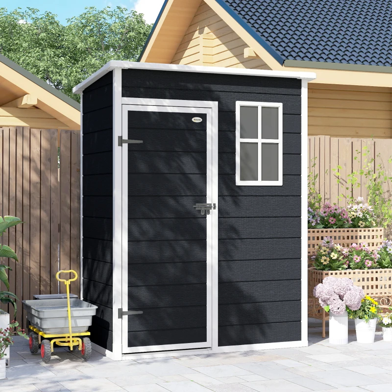 Outsunny 5' x 3' Garden Shed with Floor, Outdoor Storage Shed with Lockable Door, Window and Vent, Black