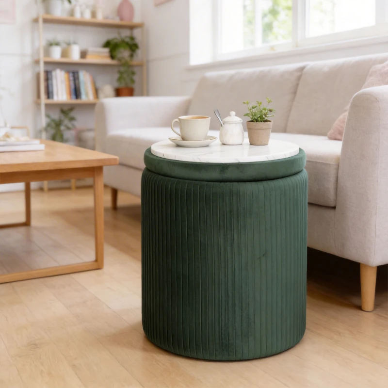 HOMCOM Storage Ottoman Modern Velvet Round Foot Stool for Living Room Bedroom 45 cm Dark Green