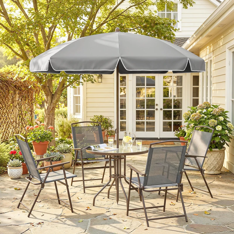 Outsunny 6 Piece Garden Dining Set with Umbrella, Patio Sets with Parasol, 4 Folding Dining Chairs, Dark Grey