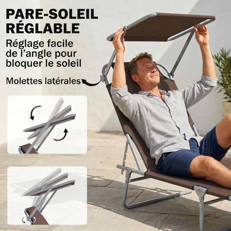 Outsunny Transat Bain de Soleil Pliable Dossier Inclinable Multi-positions et Pare-Soleil réglable 187x58x36cm marron