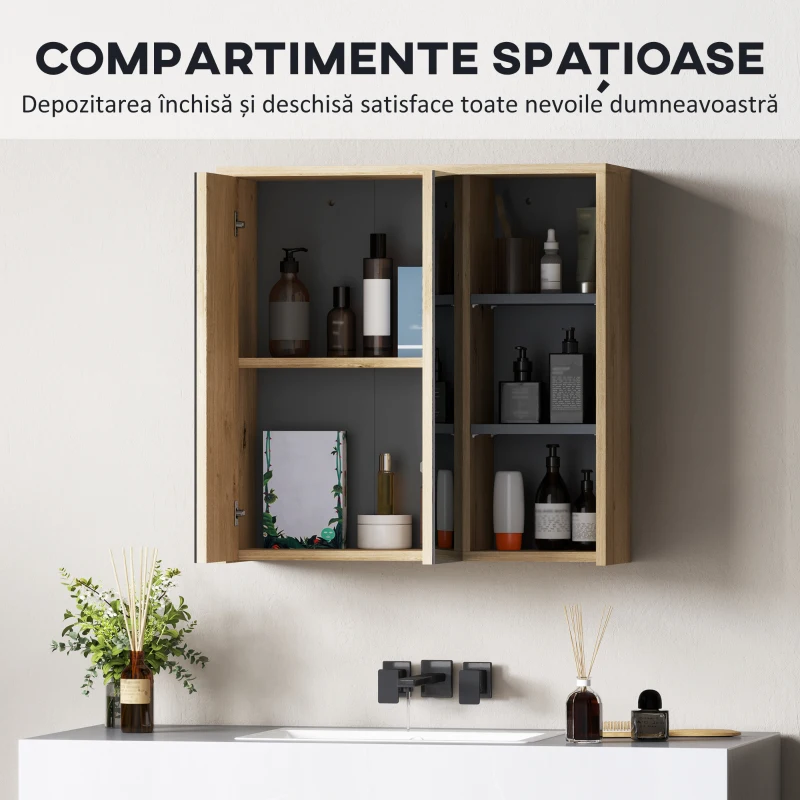 HOMCOM Dulap de Baie cu Oglindă și 2 Uși, 60x20x60 cm, Compartiment Deschis, Natur