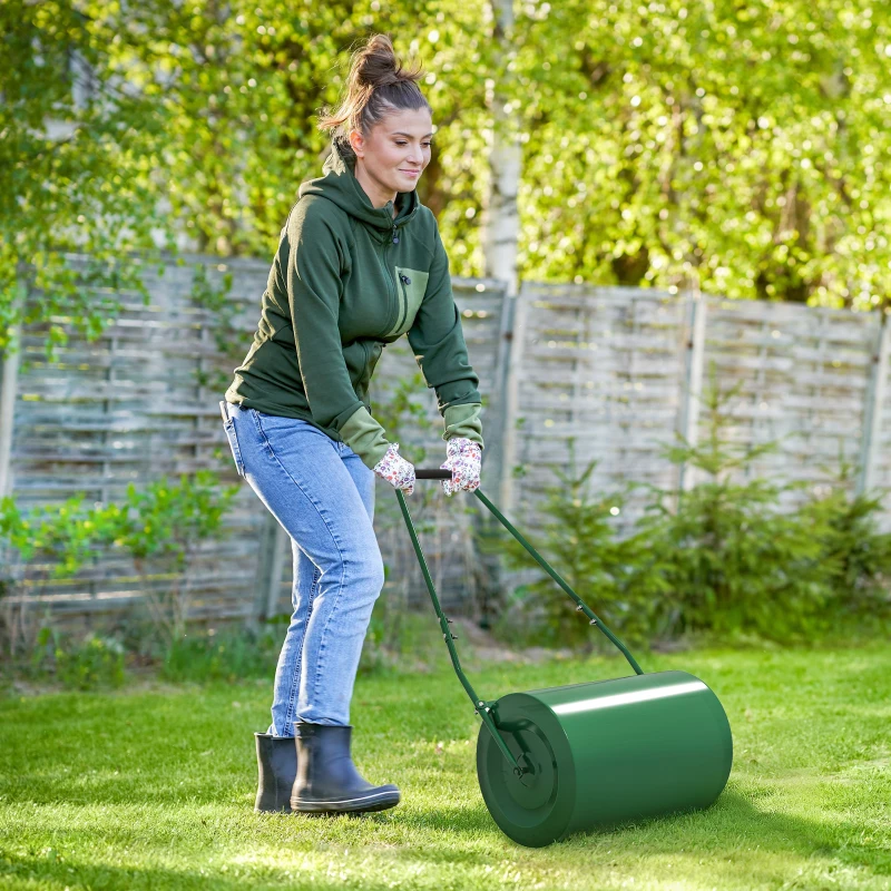 Outsunny Cilindru pentru Gazon cu Capacitate de 63L și Lamă Răzuitoare, din Metal, 123x58x40 cm, Verde Închis
