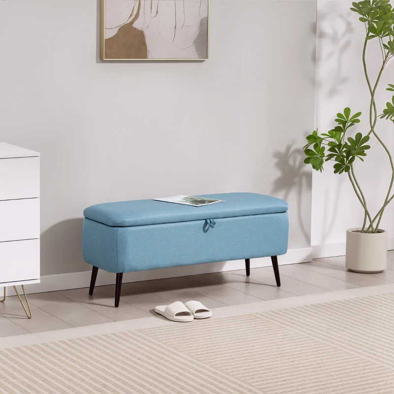 HOMCOM Banco de Armazenamento Estofado em Linho com Tampa Abatível e Pés de Aço Carga Máxima 150kg 101x38,5x44,5 cm Azul Claro