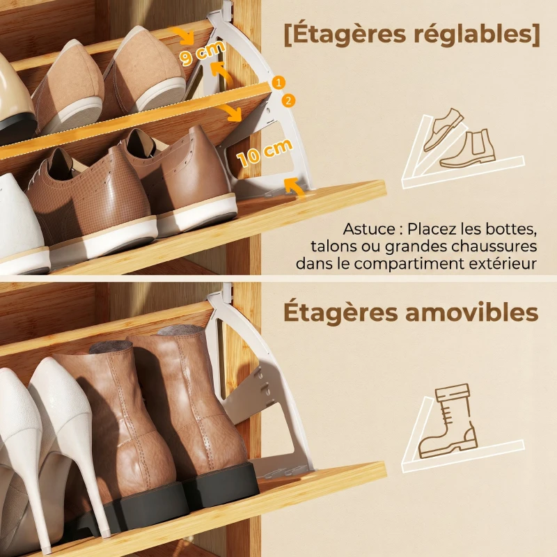HOMCOM Meuble à chaussures 14 paires, armoire à chaussures 2 tiroirs rabattables, étagères réglables, 69x29x83cm, bois naturel