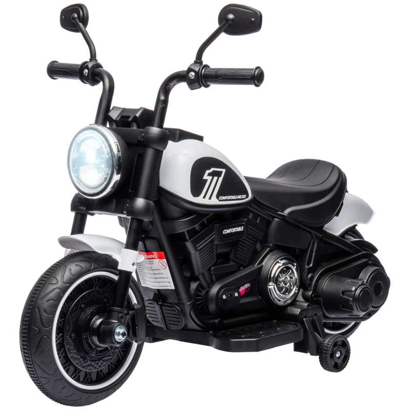 HOMCOM Motocicletă Electrică pentru Copii 18-36 Luni cu Roți Ajutătoare și Far, 76x42x57 cm, Alb și Negru