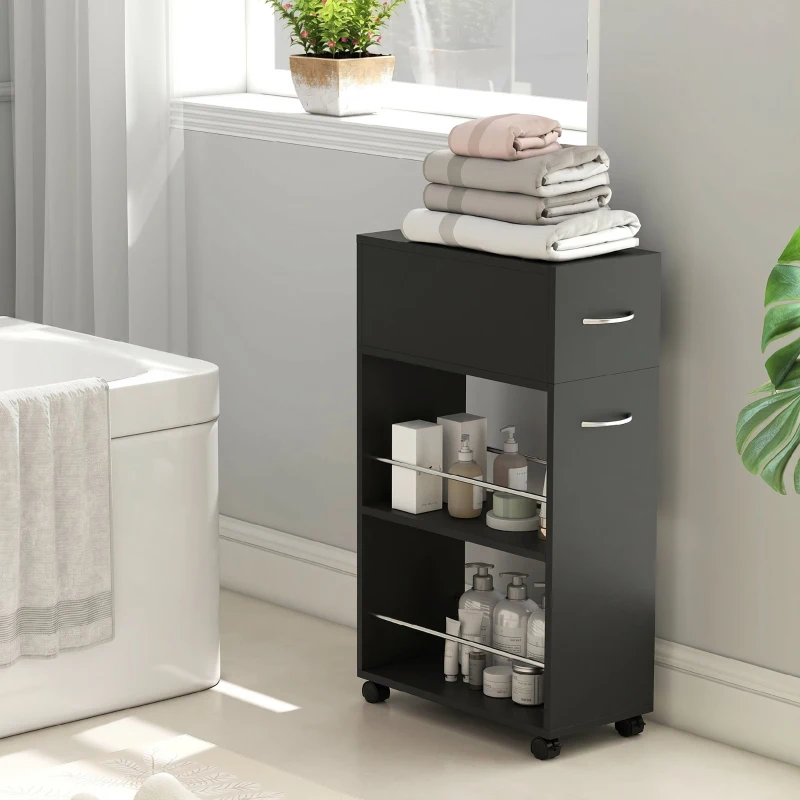 HOMCOM Cărucior de Bucătărie cu 2 Rafturi Deschise, Sertar și Balustrade, Lemn și Oțel Inoxidabil, 25x50x85 cm, Negru