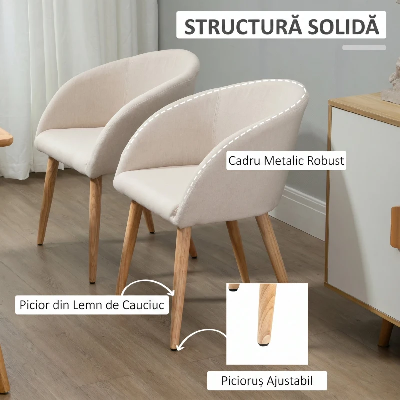 HOMCOM Set de 2 scaune de dining stil scandinav tapițate cu material textil, 55x56x74 cm, bej