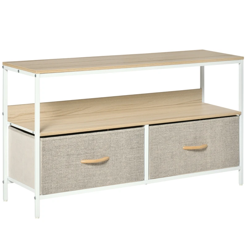 HOMCOM Meuble TV Bas sur Pieds Style Industriel 2 tiroirs en Tissu Gris Bois Naturel et métal Blanc