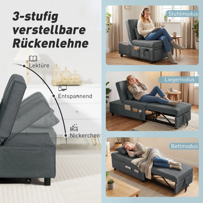 HOMCOM 4-in-1 Klappsessel mit Seitentasche, Gästebett mit Kissen, Verstellbarer Rückenlehne, Bettsessel mit Rollen, Blau