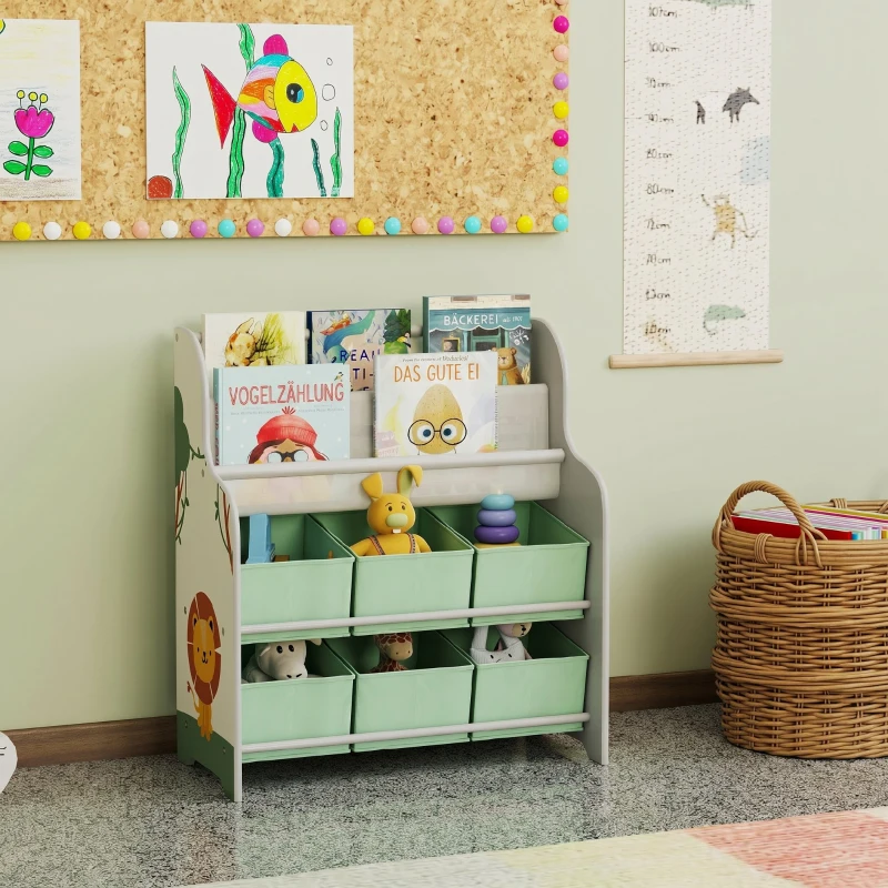 AIYAPLAY Raft pentru Jucării cu 6 Sertare din Material Textil și Bibliotecă cu 2 Nivele, din Lemn și Oțel, 63x30x71 cm, Verde