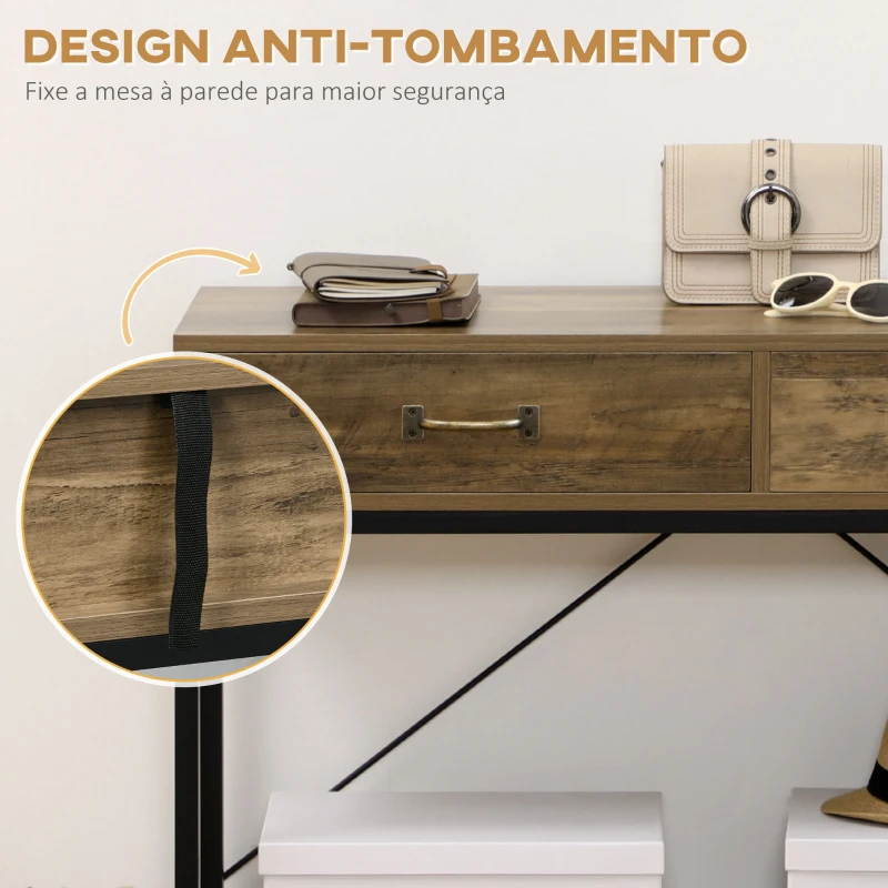 HOMCOM Mesa Consola Industrial Mesa de Sofá com 2 Gavetas e Prateleira para Entrada com Pés de Metal Castanho e Preto