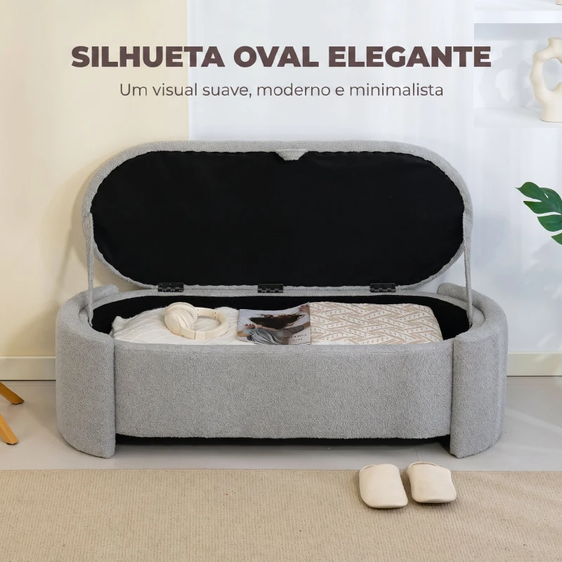 HOMCOM Puff de Armazenamento Banco Ovalado 129x48,5x44 cm Estofado em Tecido Teddy Capacidade 200 kg Cinzento Claro