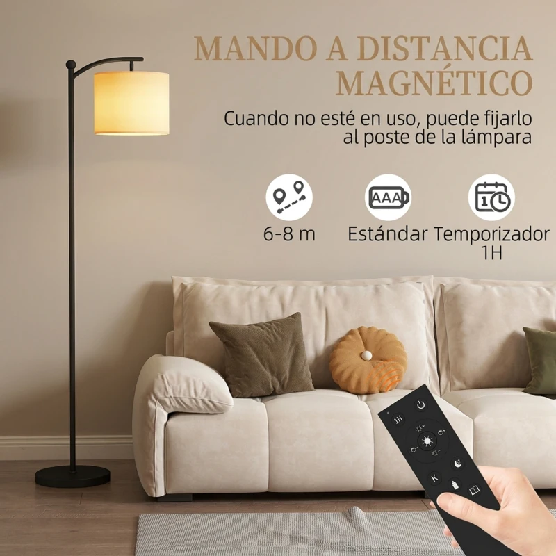 HOMCOM Lámpara de Pie LED Regulable con Temperaturas de Color Ajuste Continuo Control Remoto Temporizador de 60 Minutos Negro