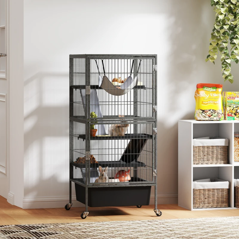 PawHut Gaiola para pequenos animais 4 andares com bandeja elevável Rampas Rede Rodízios Plataformas 52x52x115 cm Cinza