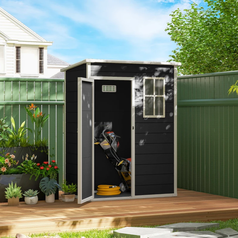 Outsunny 5' x 3' Garden Shed with Floor, Outdoor Storage Shed with Lockable Door, Window and Vent, Black